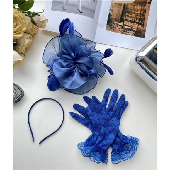 Fascinator Hat Veil Feather Navy Blue - Picture 4 of 6